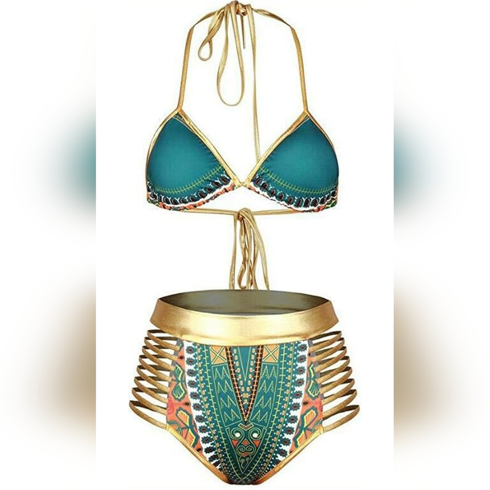 Aztec Print Women Wrap Triangle Bikini Gold Stamp Swimsuit High Waist Medium